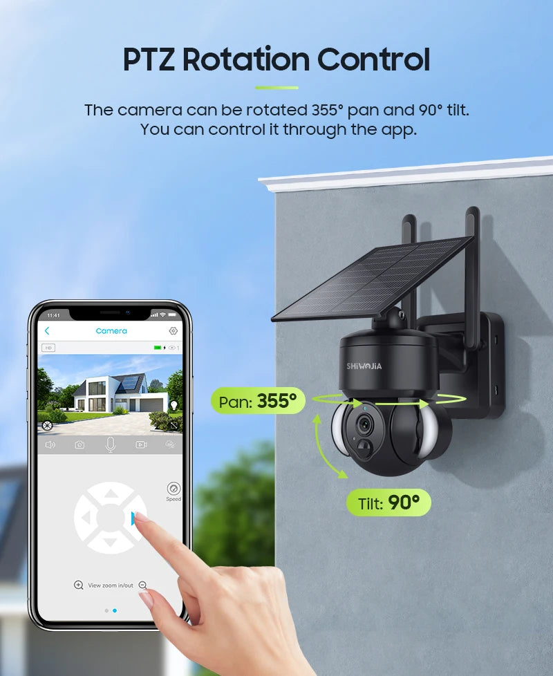 SHIWOJIA 516C Solar Camera, Remote camera control with pan, tilt, and adjustable angle using a mobile app.