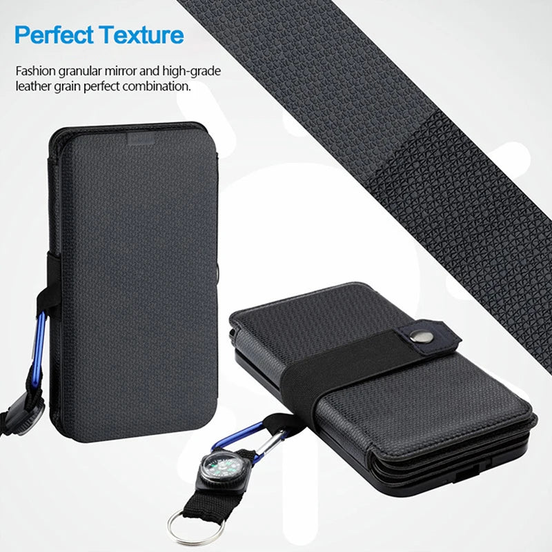 Foldable Solar Panel, Sleek design combines textures and leather grain for stylish durability.