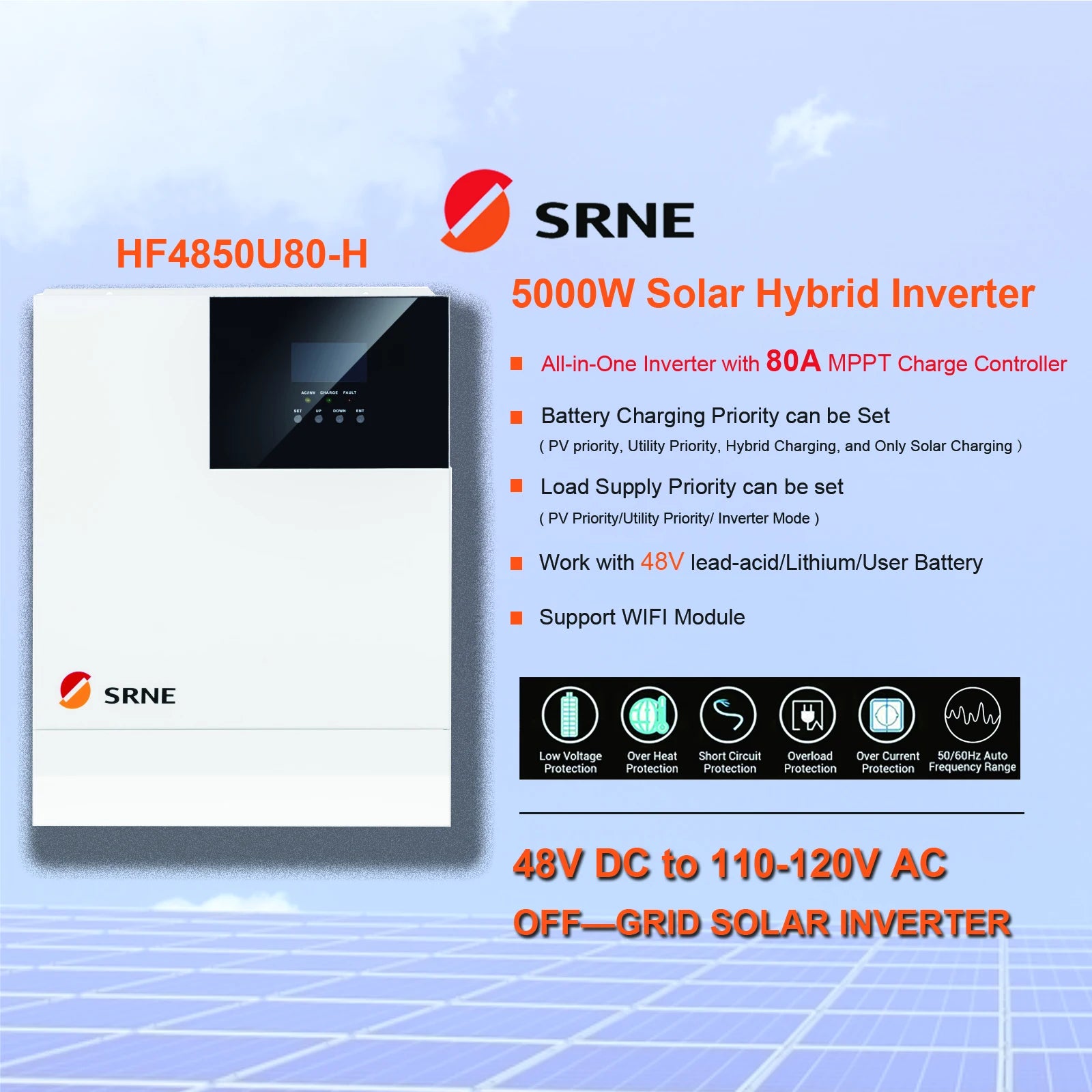 SRNE 5000W 48V Hybrid Inversor, Hybrid inverter with solar charger, supports 48V battery and 5000W power output.