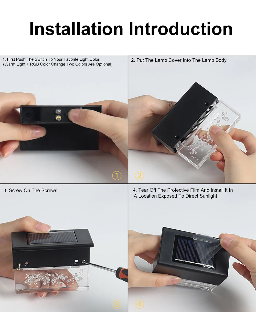 Solar LED Light, Color-changing lamp installation: Switch, screw, and expose to sunlight.