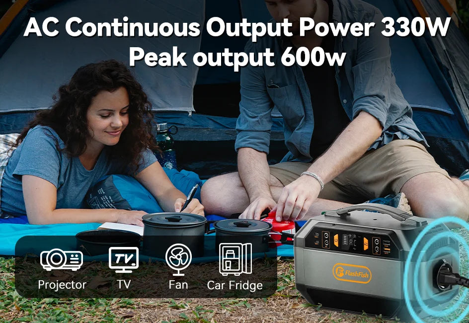 FF Flashfish P56 Solar Generator, High-performance inverter with AC output (330W), peak power (600W) suitable for powering projectors, TVs, fans, cars, and fridges.