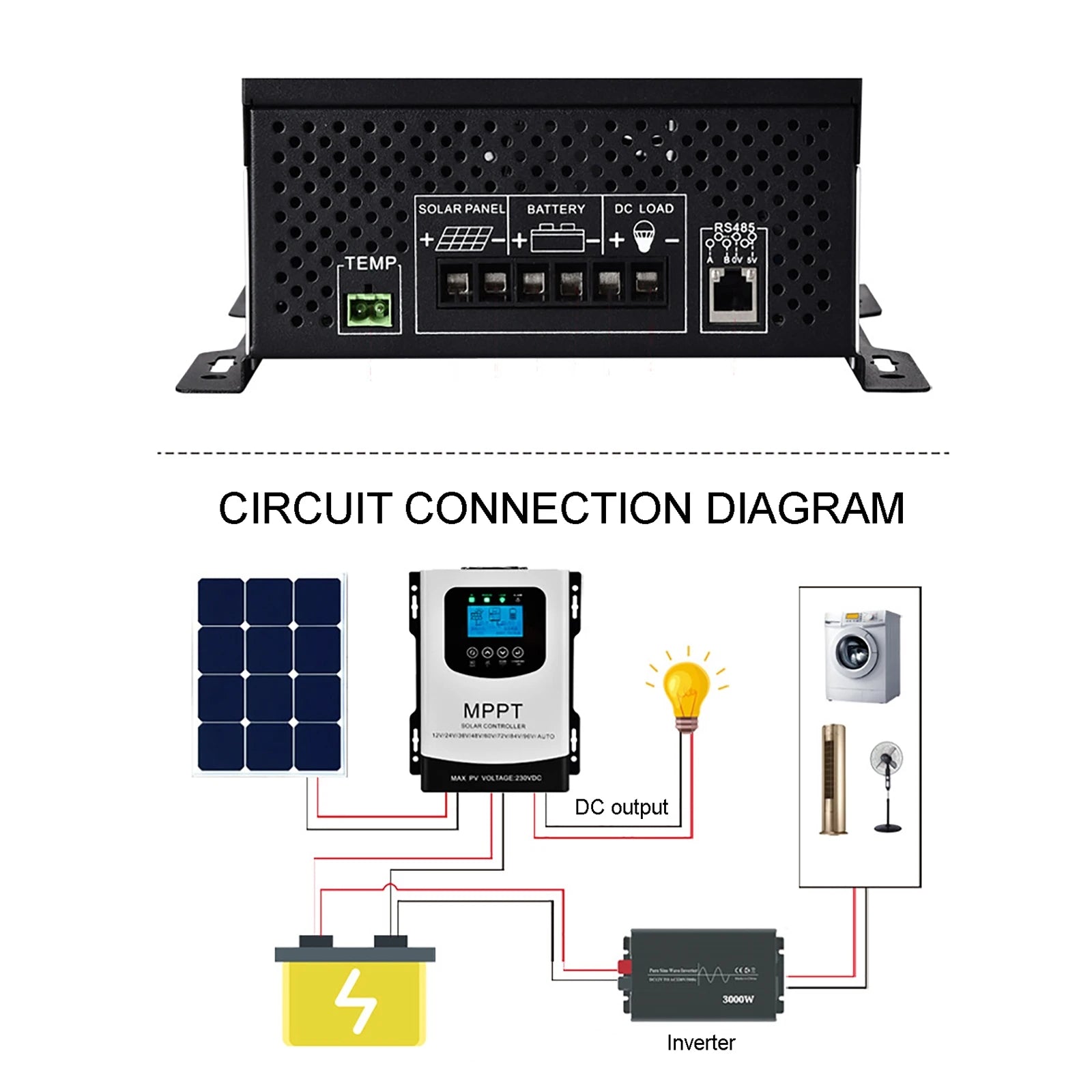50A 60A MPPT Solar Charge Controller, MPPT Solar Charger: Controls temperature, DC load, and circuit connections for 12V-96V lithium batteries.