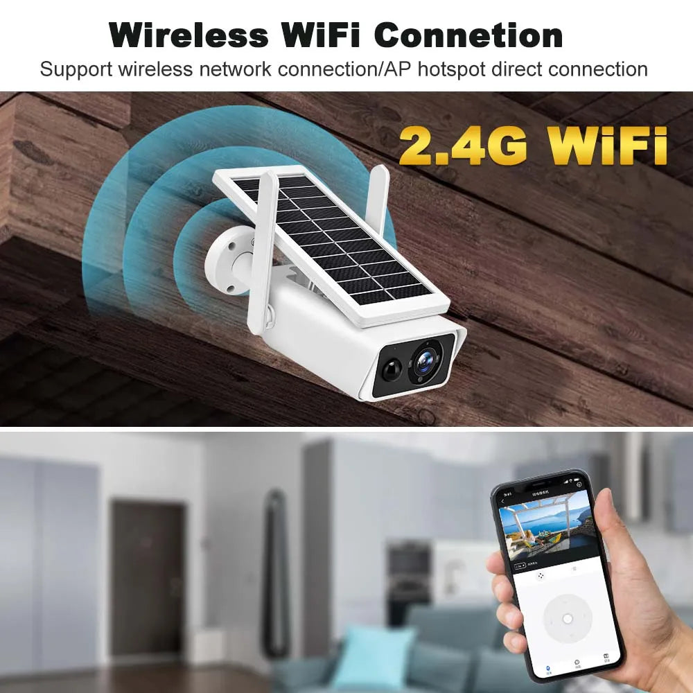 FRDMAX XM49S 4MP Solar Camera, Wireless connectivity device supporting Wi-Fi and IAP hotspots at 2.4GHz frequency.