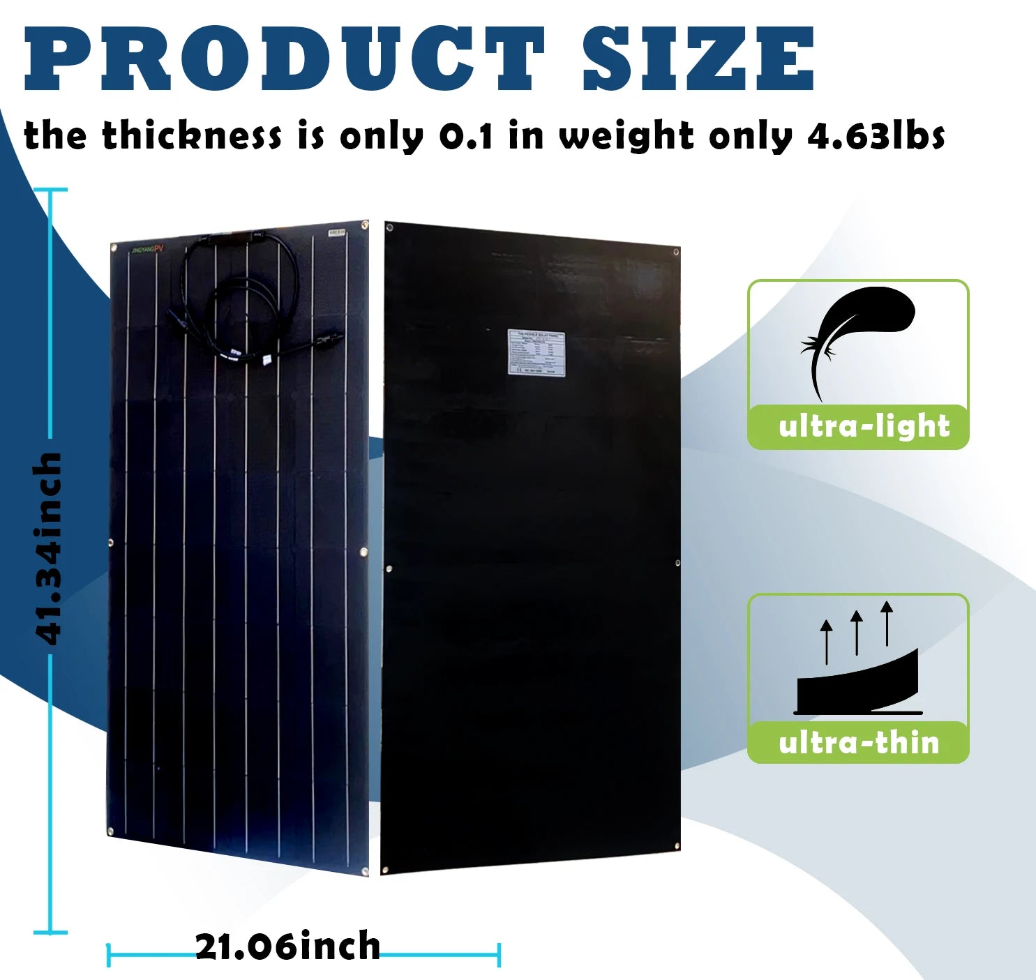 Jingyang Solar Panel, Compact and lightweight product with dimensions: 0.1in thick, 21.06in long, weighing 4.63lbs.