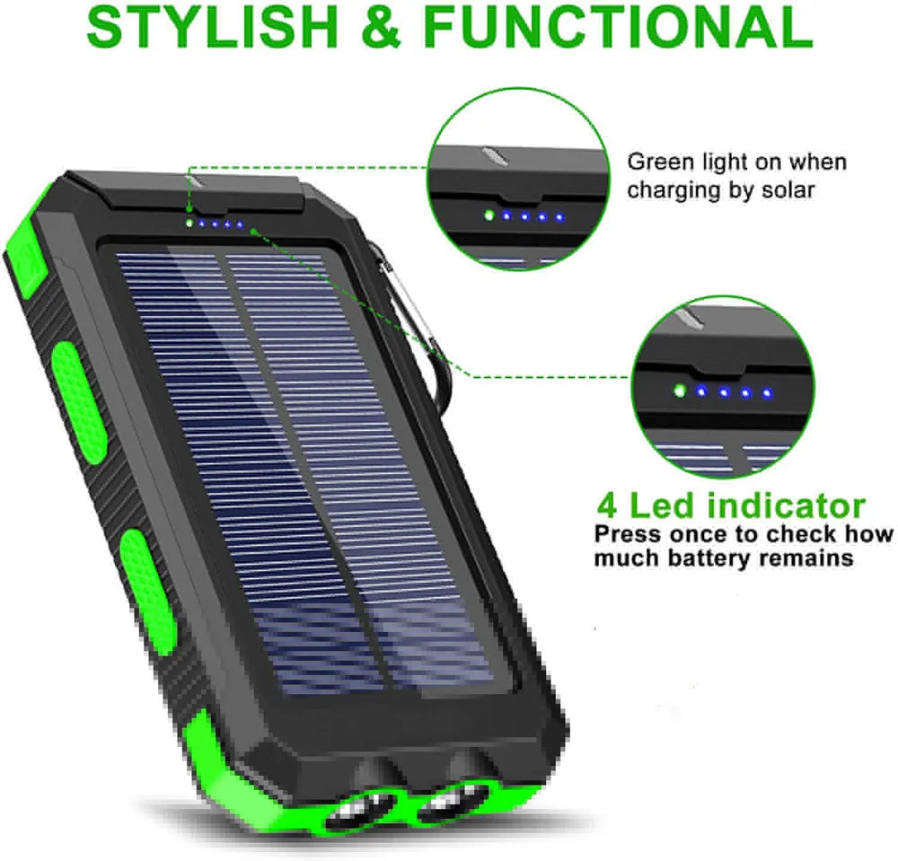 Green charging indicator and LED lights display power level with single press.