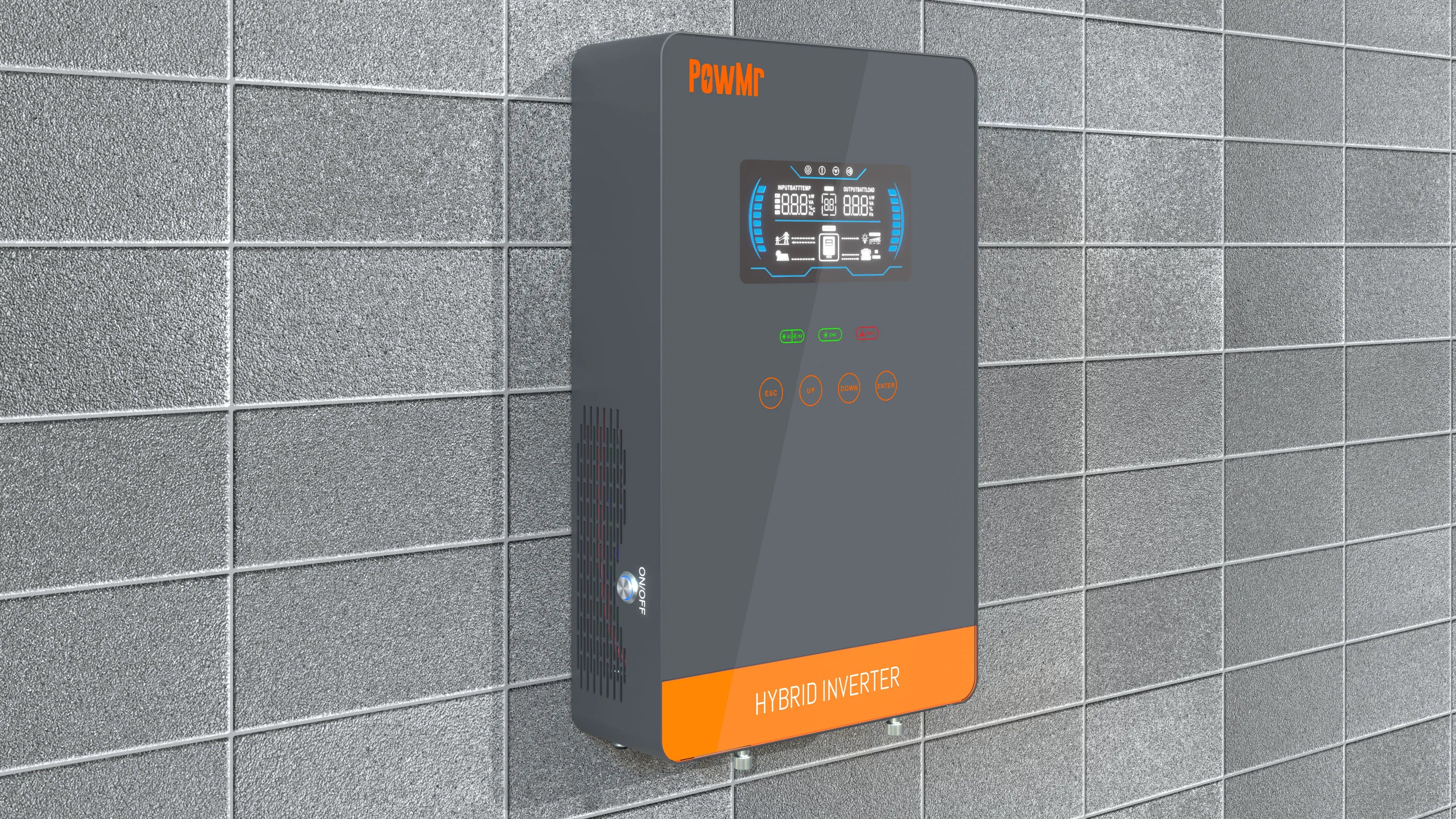 4.5KW 24V 230V MPPT 150A Solar Inverter, Inverter display shows power levels, battery temp, and output load, with option to enter hybrid mode.