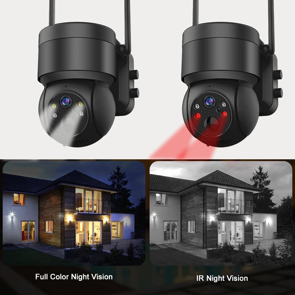 Solar Camera, Full-color night vision with infrared capabilities for enhanced visibility in low-light conditions.