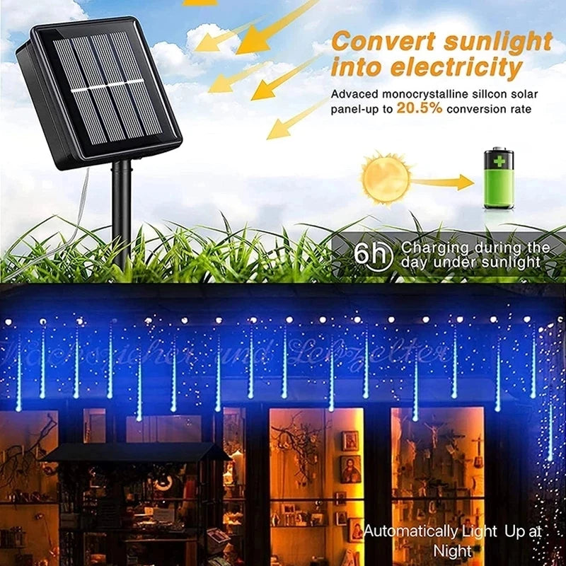 Outdoor Solar Meteor Shower Christmas Light, Harnesses sunlight with advanced monocrystalline silicon panels, generating up to 20.5% of sunlight's energy.