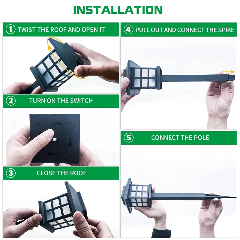 LED Solar Pathway Light, Easy Installation: Twist, open, connect, power on, and secure.