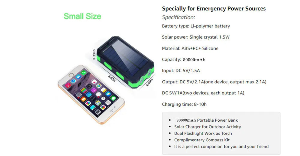 Portable emergency power source with solar panel and battery for charging devices on-the-go.