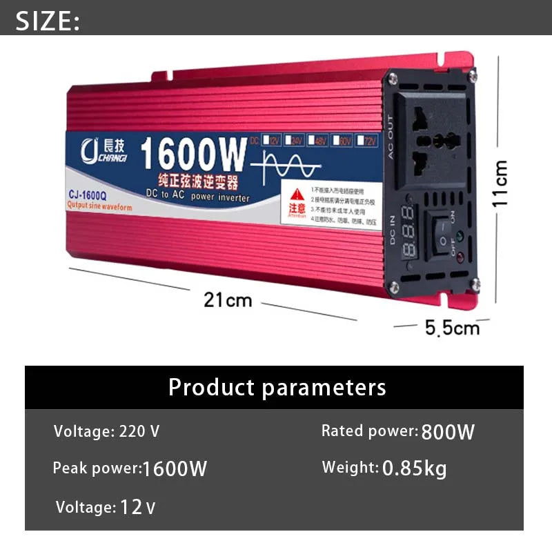 Pure Sine Wave Inverter, Converts DC power to pure sine wave AC power for appliances up to 3000W.