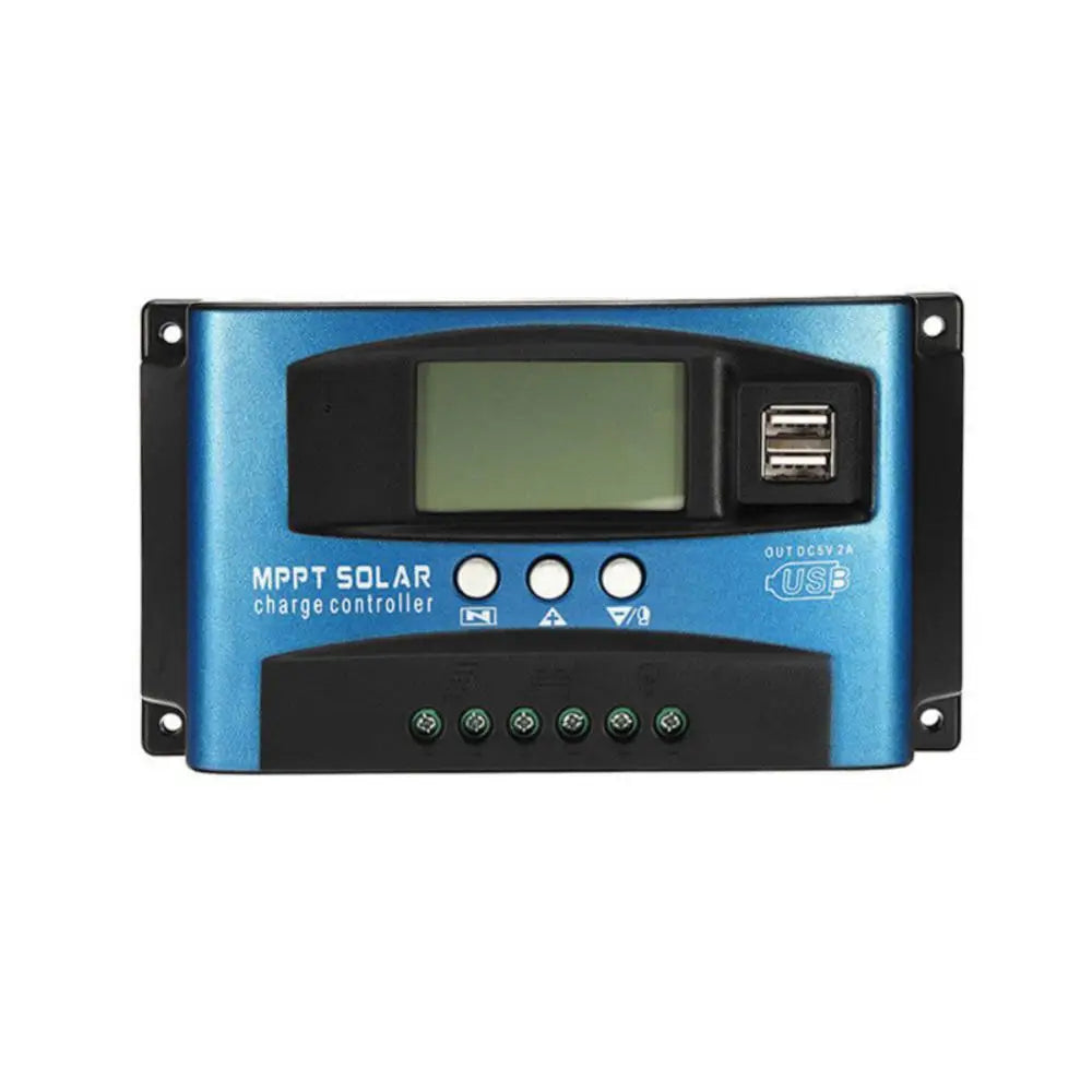 Solar Controller, Controller regulates solar panel charging, featuring dual USB outputs for charging/discharging.