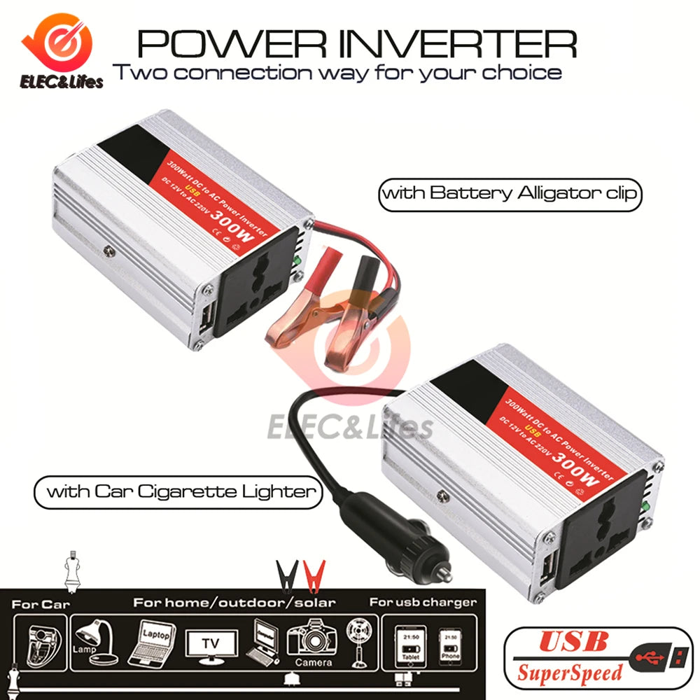 300W Car Power Inverter, Powerful inverter converts 12V DC to 220V AC power for home, outdoor, and solar use.