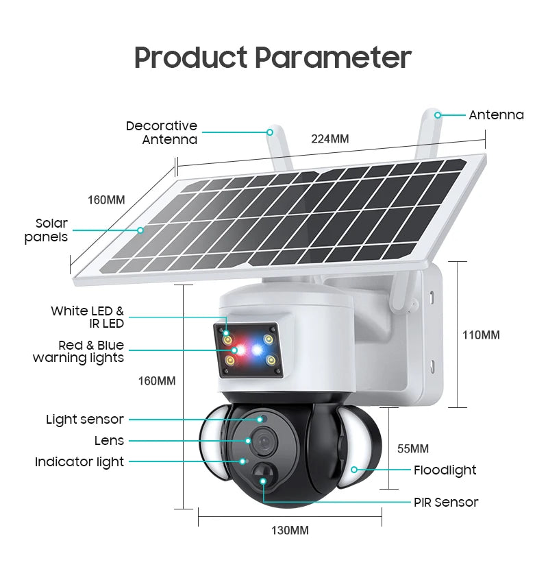 INQMEGA 5MP External Security Camera, Camera features advanced components: antenna, solar panels, LEDs, sensors, and more.