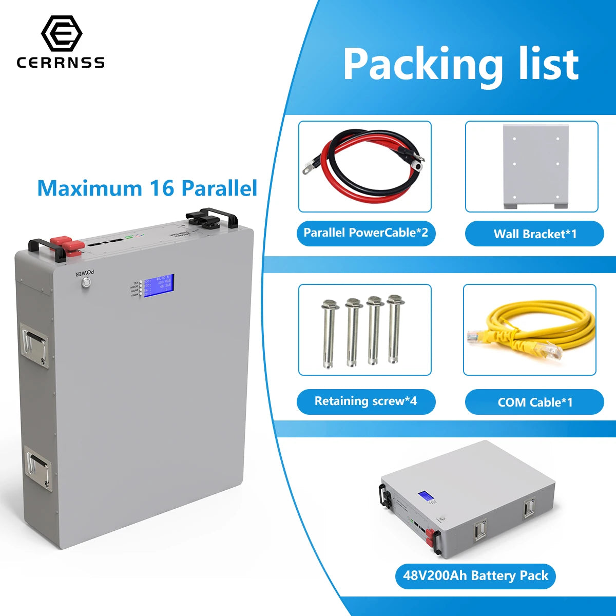 Powerwall 48V 200AH 10KW LiFePO4 Batttery Pack, Powerwall 48V 200AH battery pack with accessories: power cables, wall bracket, screws, and RS485 cable.