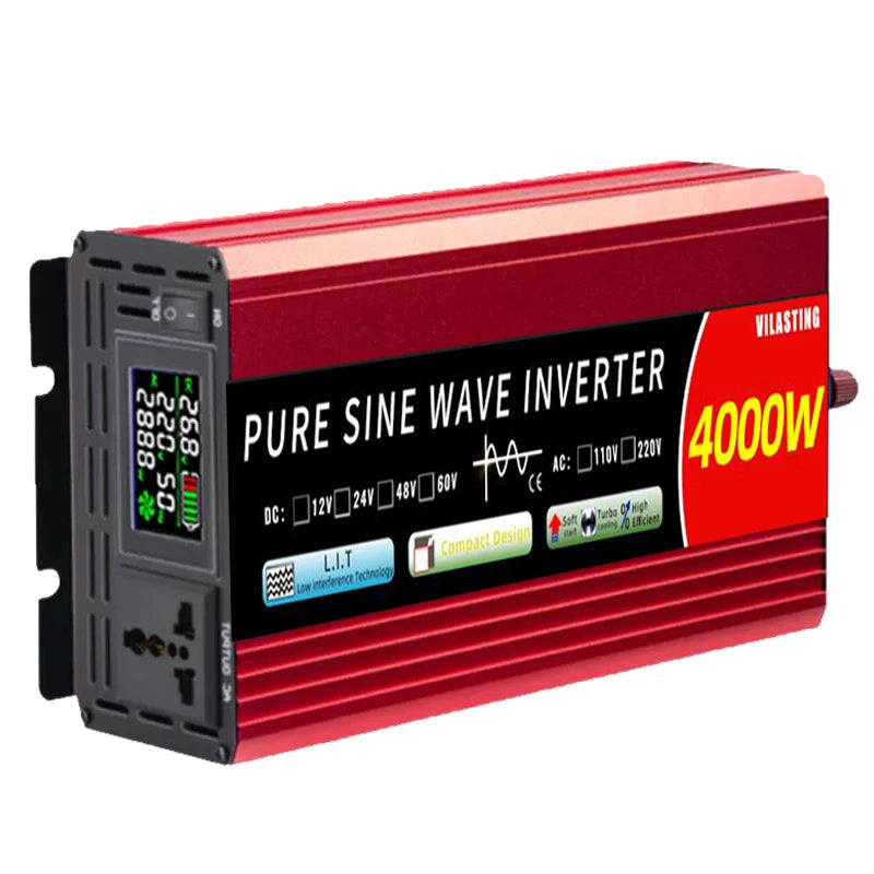 Inverter converts 12V DC to pure sine wave AC power with adjustable voltage (220V/110V) and power levels.