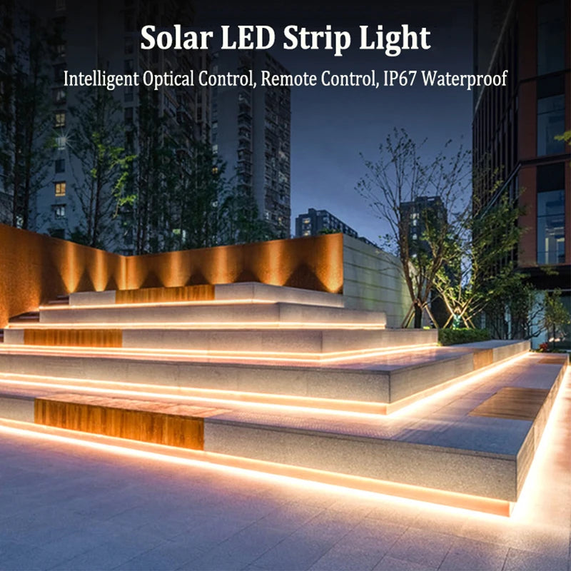 Solar LED Strip Light, Intelligent solar-powered LED strip lights with remote control and waterproof design for outdoor use (IP67).