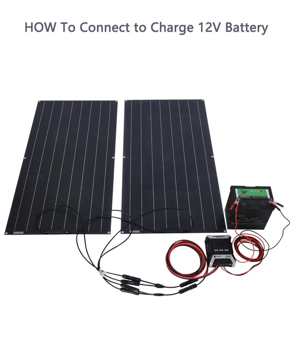 Connect solar panel to charge 12V battery using compatible controller and cables.