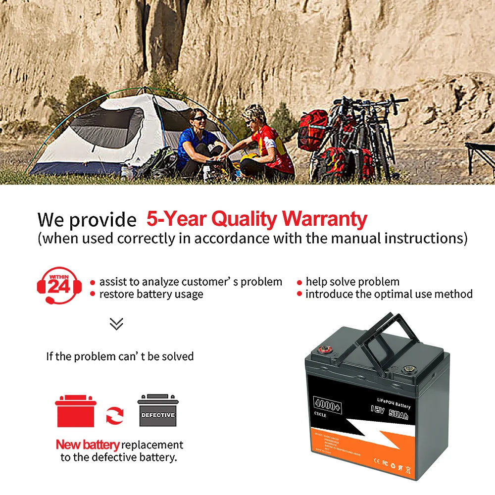 New 12V 50Ah 40Ah LiFePO4 Battery, Reliable lithium batteries backed by 5-year quality warranty and 24/7 support for troubleshooting and replacement.