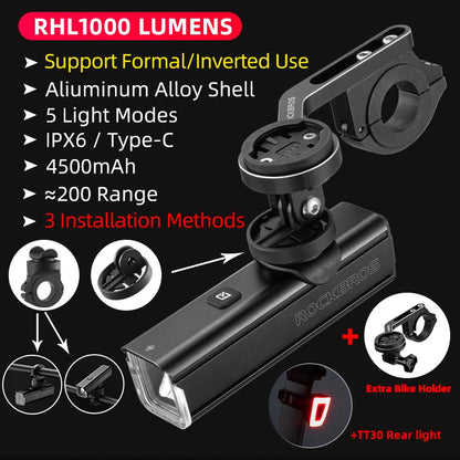 ROCKBROS D3-1000 Bike Front Light - IPX6 Rainproof Type-c Rechargeable Bicycle Light 1000LM Cycling Headlight LED Flashlight MTB Bike Lamp