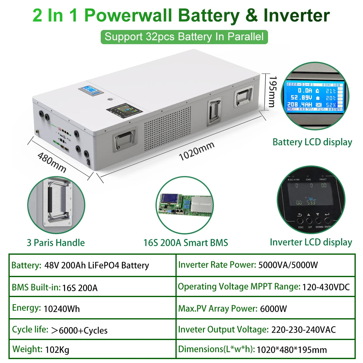 48V 200Ah LiFePO4 Powerwall Battery, Built-in 16S 200A BMS