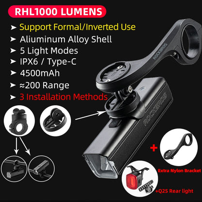 ROCKBROS D3-1000 Bike Front Light - IPX6 Rainproof Type-c Rechargeable Bicycle Light 1000LM Cycling Headlight LED Flashlight MTB Bike Lamp