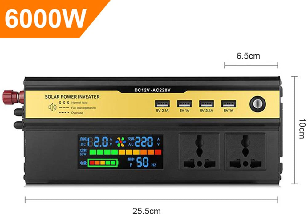 Pure Sine Wave Inverter, DC to AC, 12V to 220V, 3000W to 6000W, USB charger, solar car power converter.