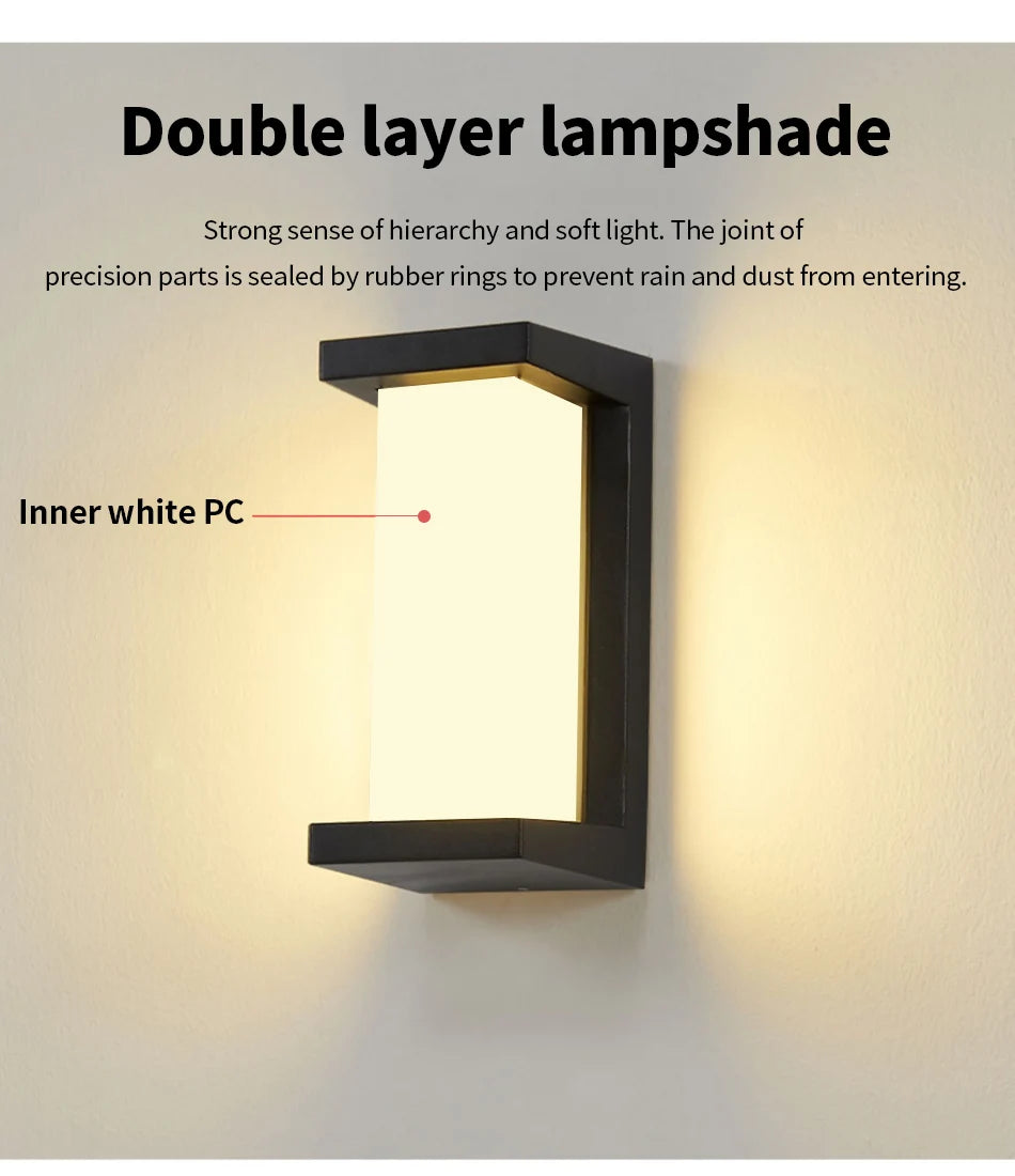 Waterproof outdoor wall lamp with double-layer shade for soft lighting and durability.
