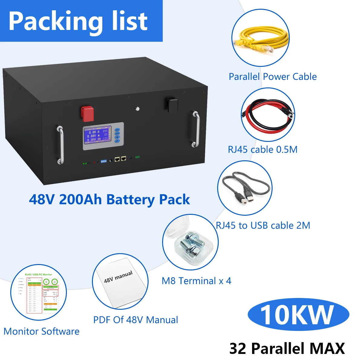 48V 200Ah LiFePO4 Battery, Packaging contents include cables, terminals, manuals, and software documentation for a 48V system with 10KW monitor and 32-parallel configuration support.