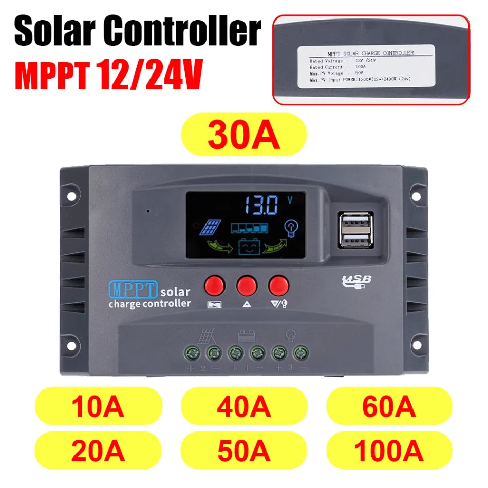 10A-100A 12V/24V MPPT Solar Charge Controller, MPPT Solar Charge Controller: Regulates 12V/24V solar panels, compatible with various battery types.