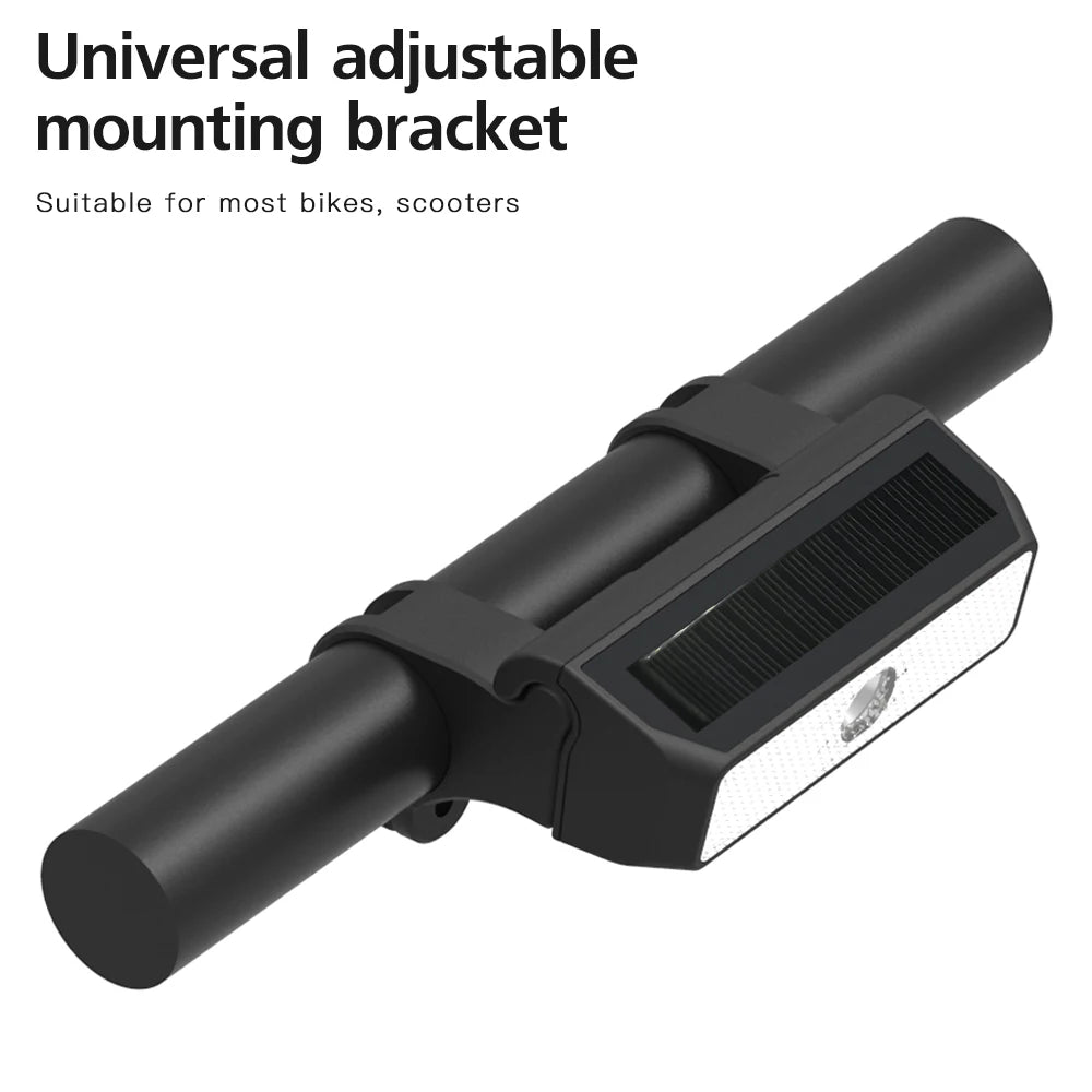 Waterproof Solar Panel Bike Front Light, Universal mount fits most bikes and scooters, providing easy installation.