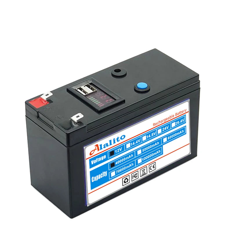 Rechargeable 12V 100Ah lithium battery pack for solar and EV use, featuring a 12.6V charge.