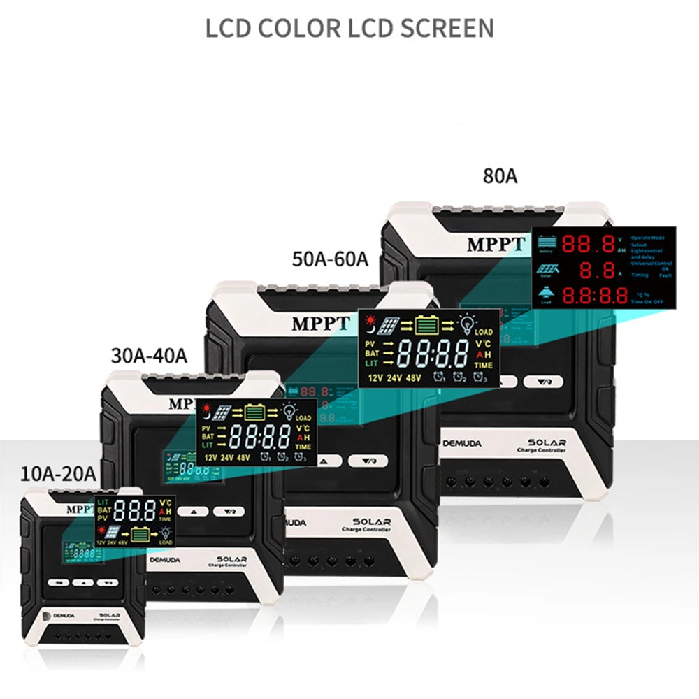 MPPT Solar Charge Controller, Battery characteristics and specifications for floating, constant charging, and operating conditions.