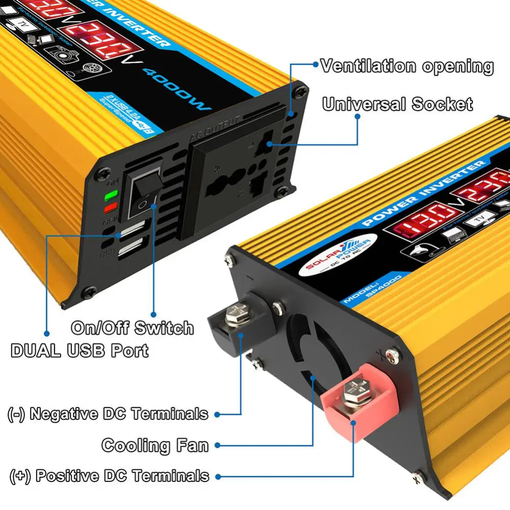 Pure Sine Wave Inverter, Portable inverter converts DC power to AC, charges multiple devices via USB and sockets.