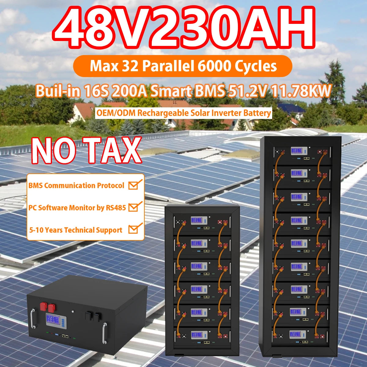 48V 230Ah 200Ah LiFePO4 Battery, 48V LiFePO4 battery pack with smart BMS for solar inverter applications.