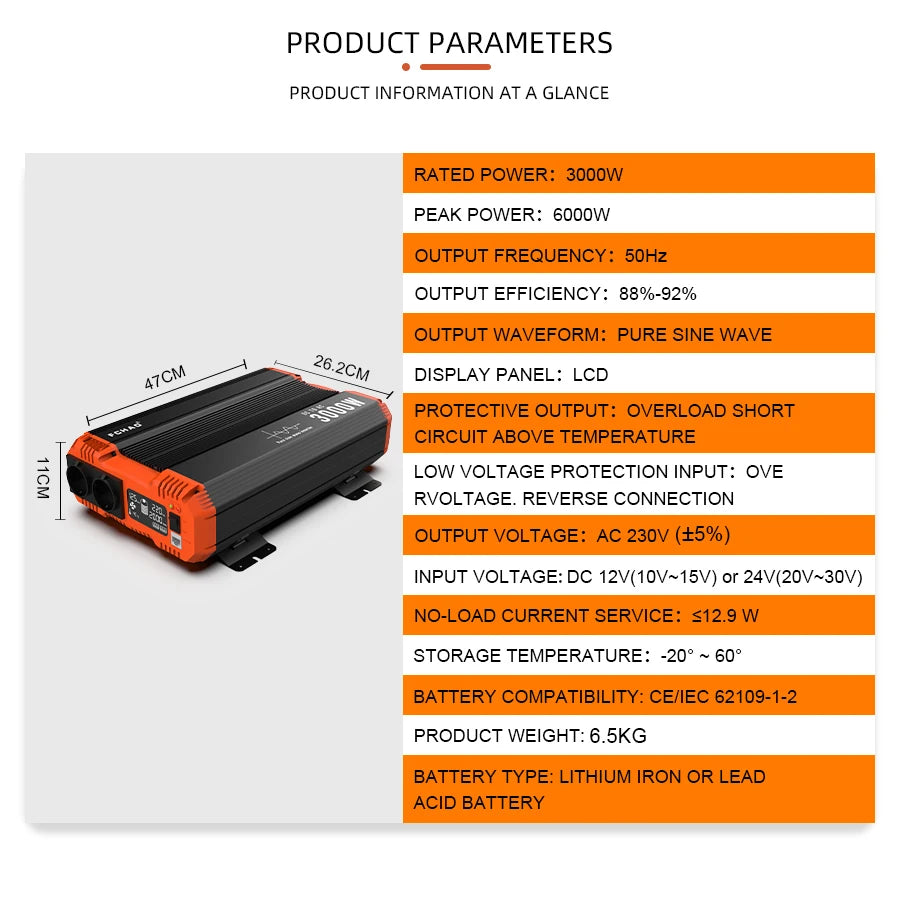 FCHAO 3000Wt Inverter, Inverter converts DC power from solar panel, RV or vehicle to pure sine wave AC for 120V/240V applications.