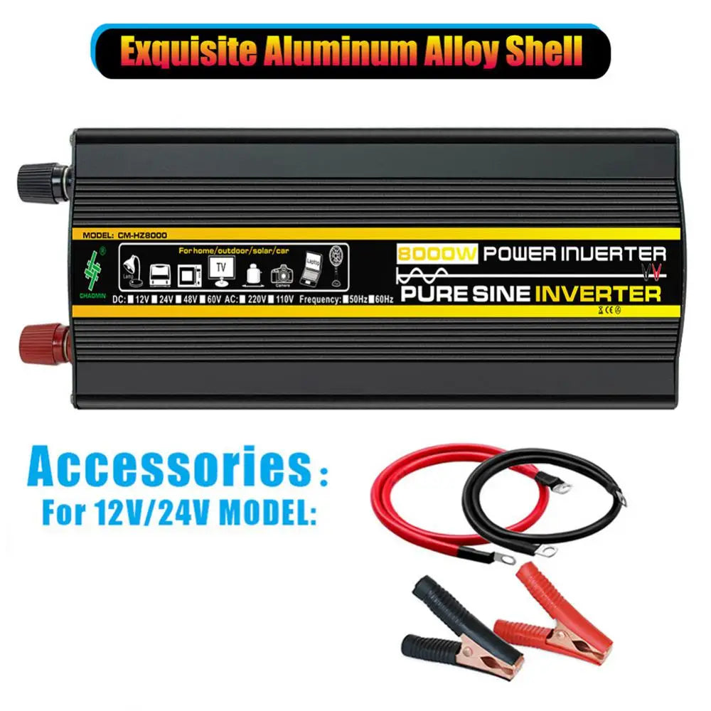 Pure sine wave inverter with aluminum case, 48V DC input, 50/60Hz output, and accessory kit.