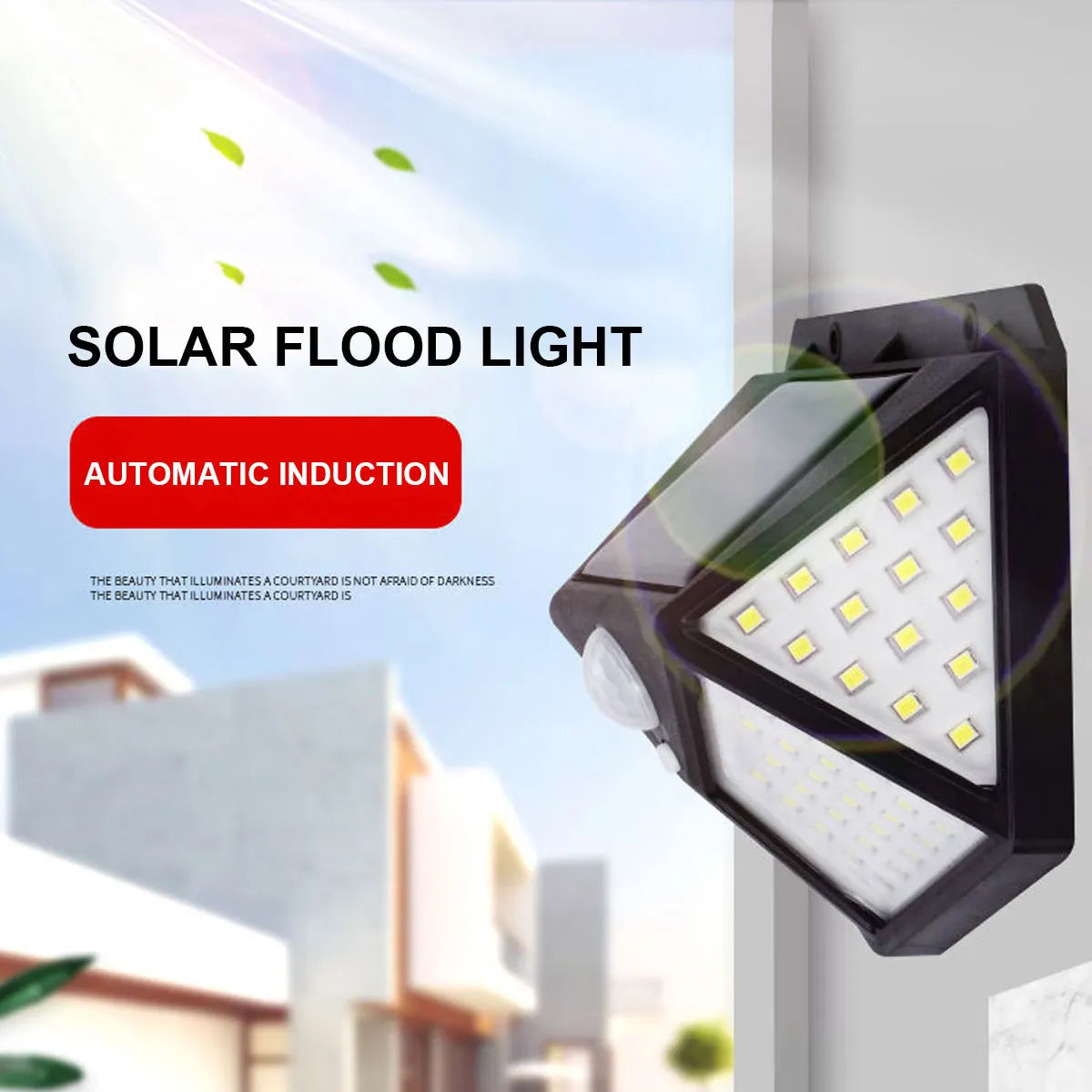 Solar-powered flood light with 400 LEDs, no wiring required, perfect for outdoor spaces.