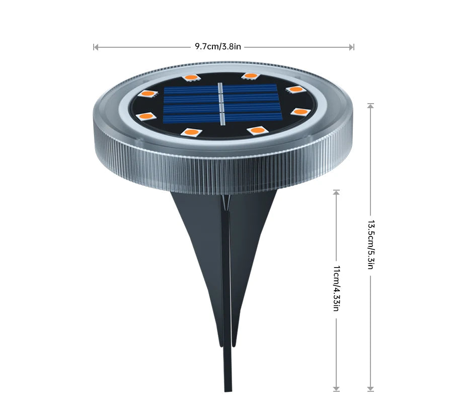 Solar Powered Ground Light, Outdoor landscape light with durable ABS material and transparent cover, resisting corrosion and extreme temperatures.