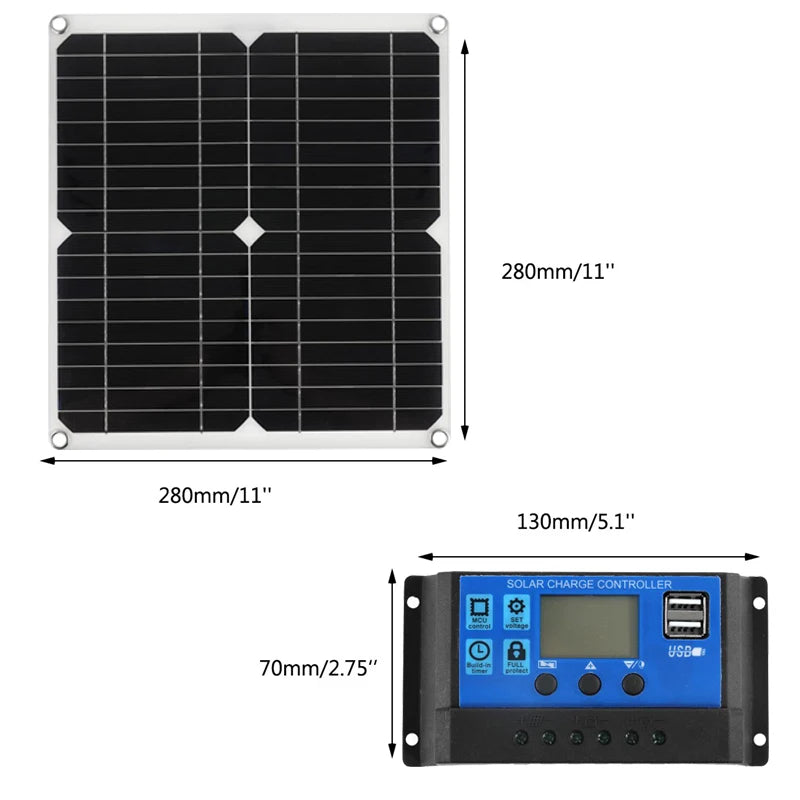 DC18V 200W Solar Panel, Solar charge controller with USB output, measures 280x130mm (11x5.1