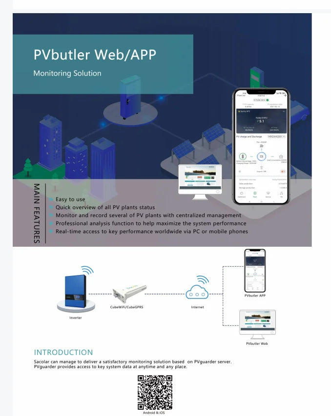 3.5-5KW 230VAC 48VDC Solar Off-grid Inverter, Monitor and manage solar power plants with PV Butler's web/mobile app, track KPIs and stay connected.