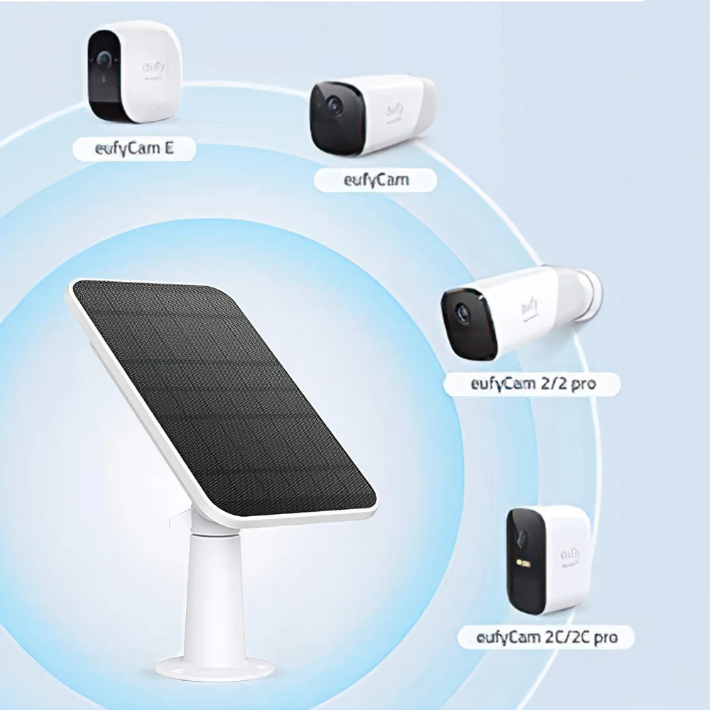 4W Solar Panel, Solar-powered charger for Eufy Cam cameras with 9.8ft cable and weatherproof mounting bracket.