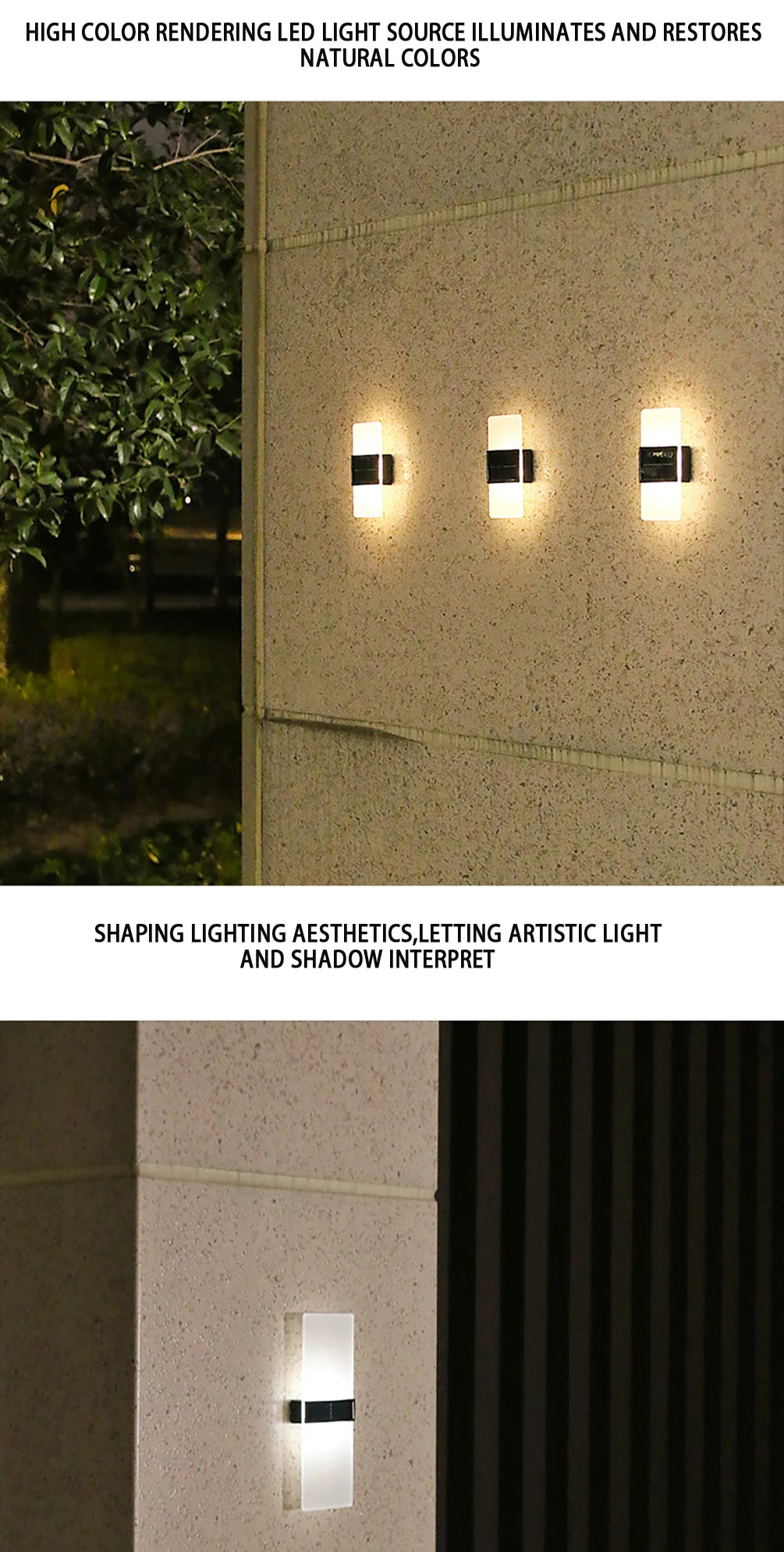 LED Solar Wall Light, LED light source with high color rendering for natural colors and artistic effects.