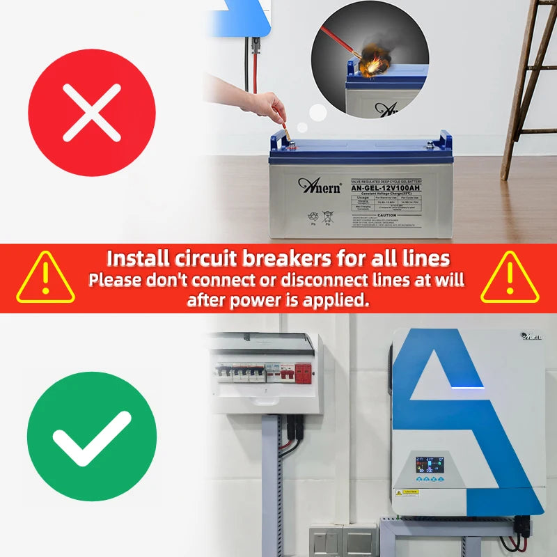 7200W 8200W 10200W On and Off Grid Solar Inverter, Pre-install circuit breakers and avoid modifying electrical connections while powered to ensure safety.