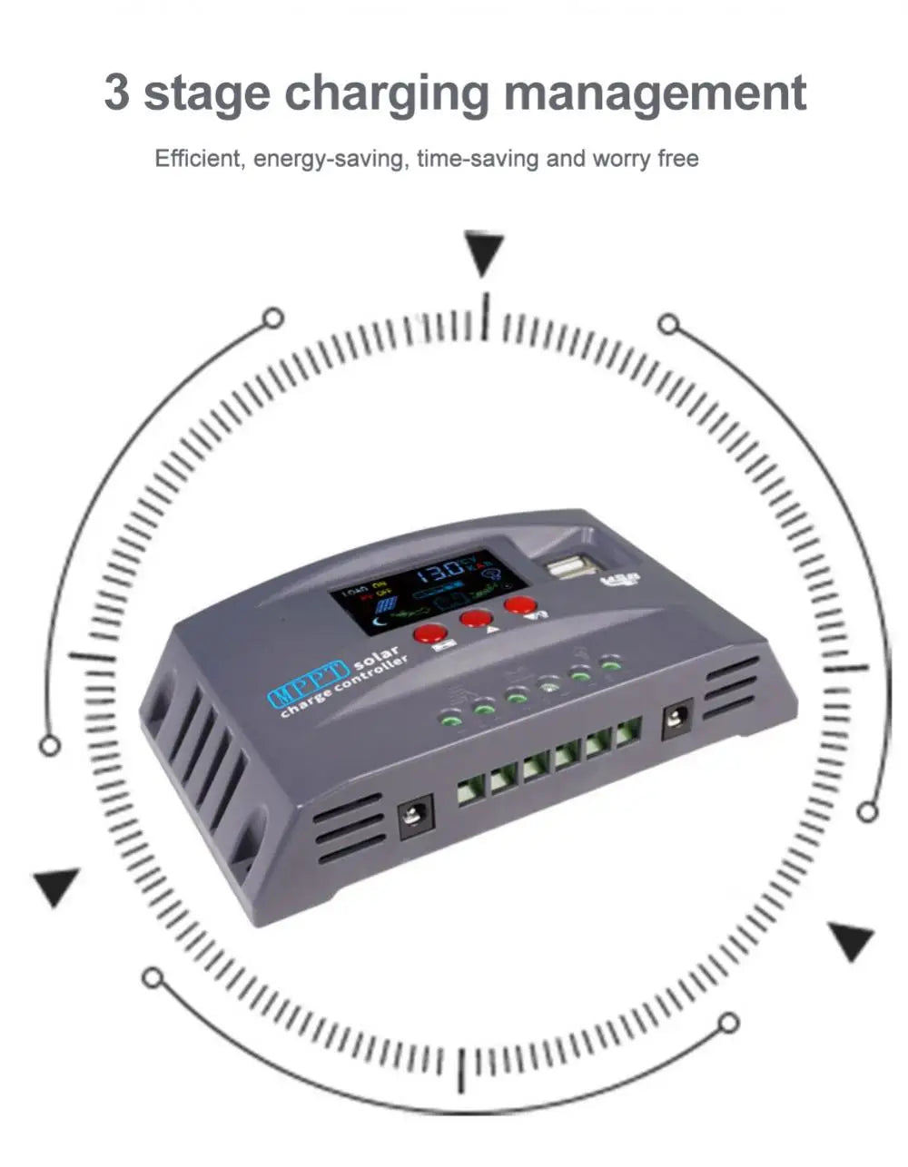 CORUI 10A 20A 30A MPPT Solar Charge Controller, Three-stage charging management ensures efficient, energy-saving, and worry-free operation.