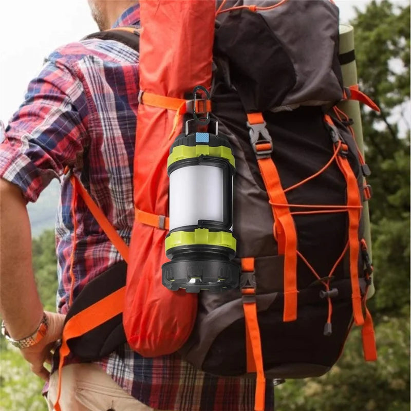 Rugged lantern for camping and outdoor use, waterproof and drop-resistant with a long-lasting rechargeable battery.