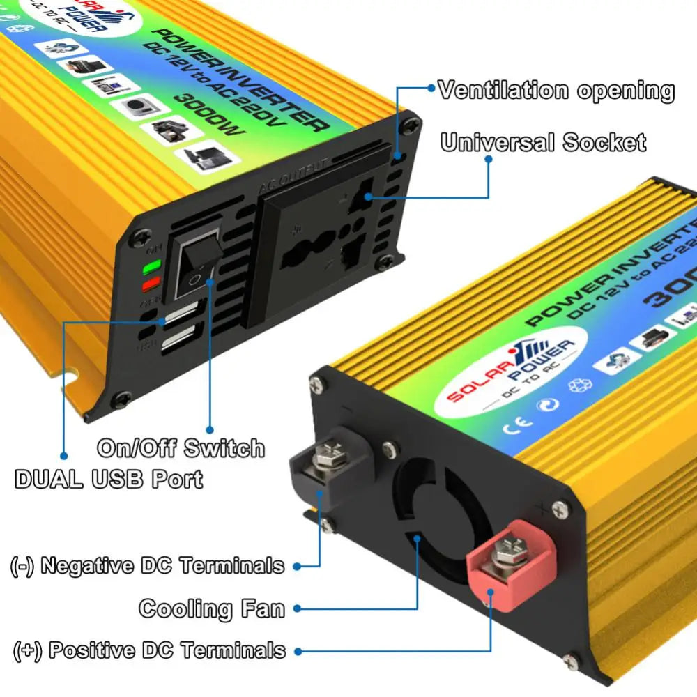 3000W Peak Solar Car Power Inverter converts DC to AC, features LCD display, USB ports, and car adapter.