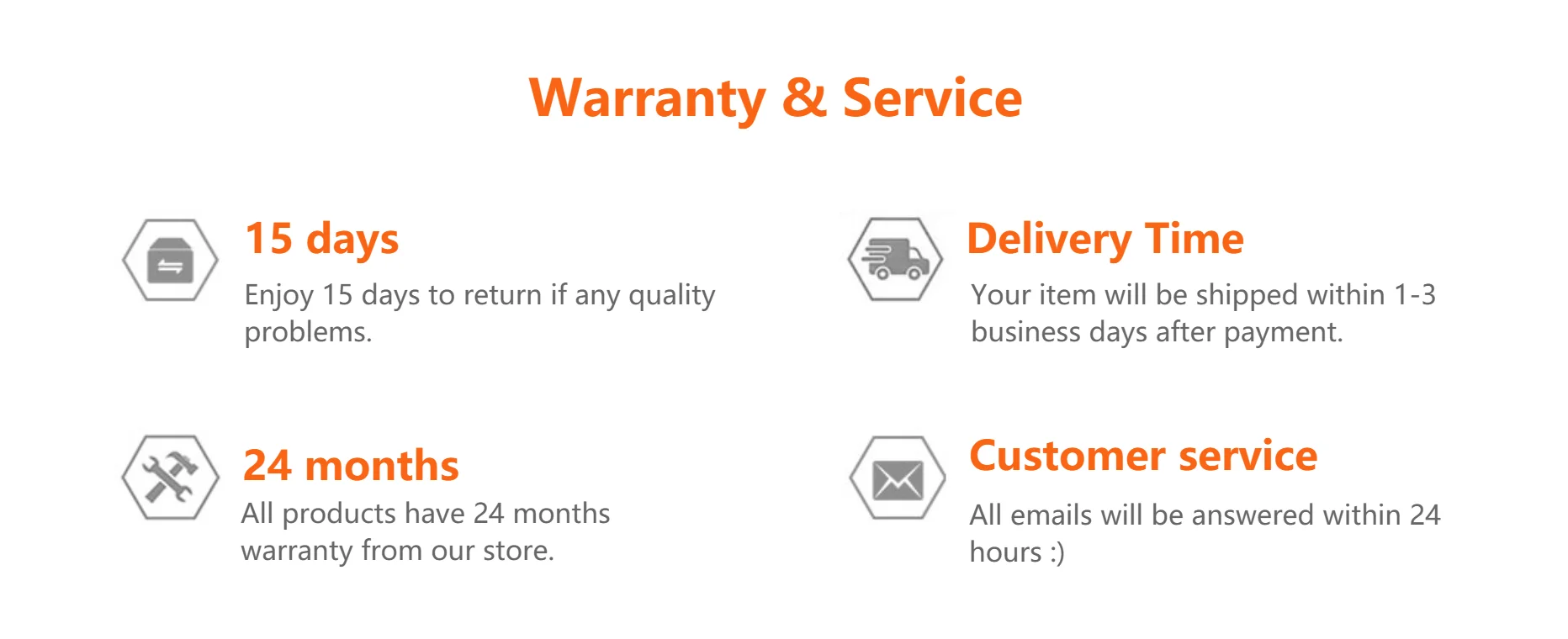 Reliable shipping, 15-day returns, and 24-month warranties for worry-free purchases.