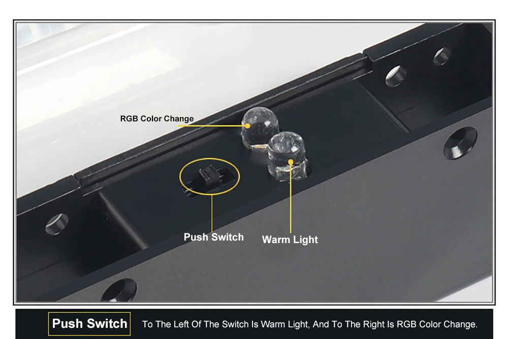 Solar LED Light, Color-changing push switch with warm light and RGB color options, with separate buttons for toggling between modes.