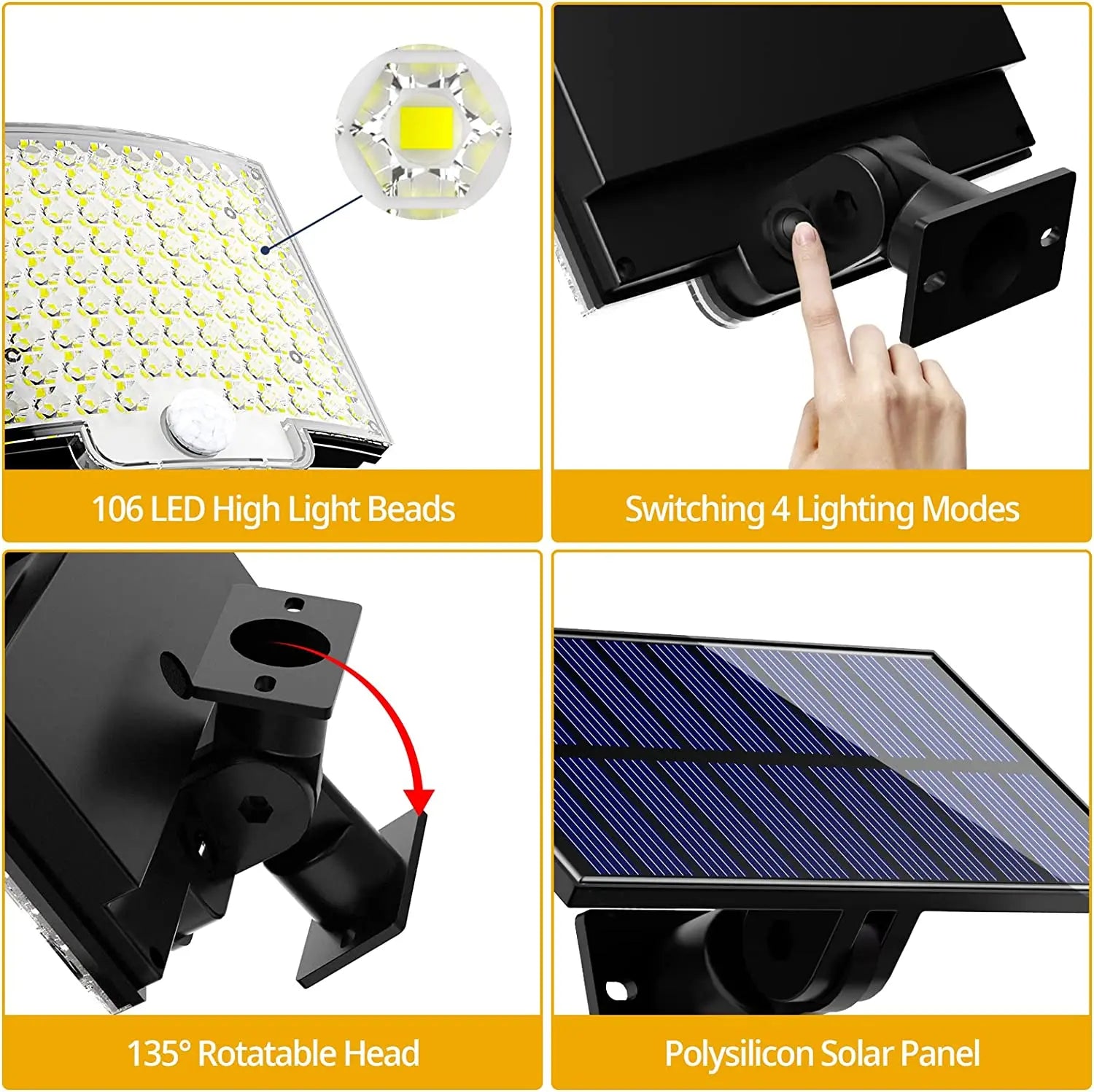LED Solar Light, Adjustable LED light with 106 LEDs, 4 modes, and solar-powered head for bright and customizable illumination.